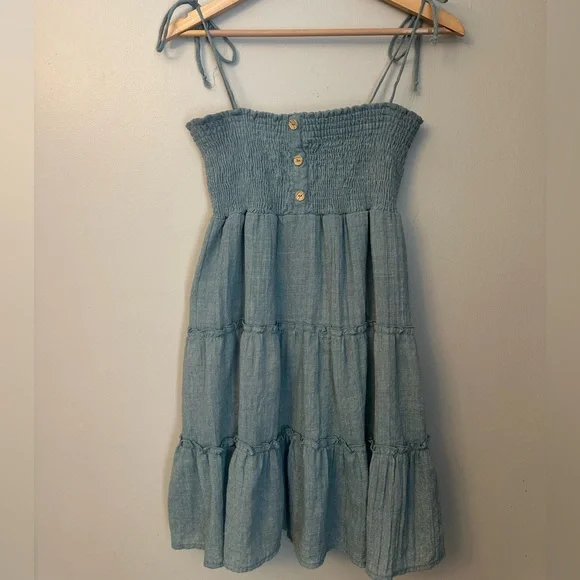 Altar'd State Sage Green Smocked Summer Dress Size L Buttons Adjustable Straps - Picture 1 of 8